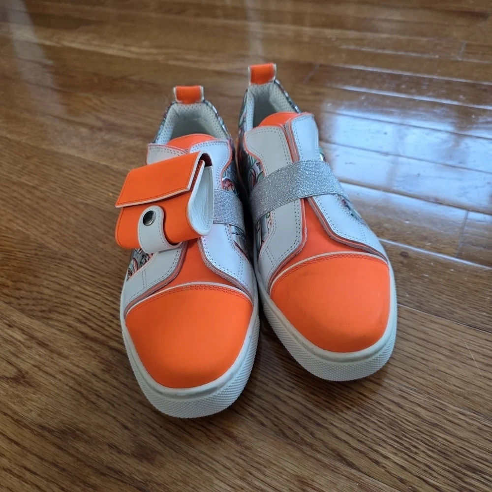 Christian Louboutin Kids Bright Orange and Metallic Sneakers